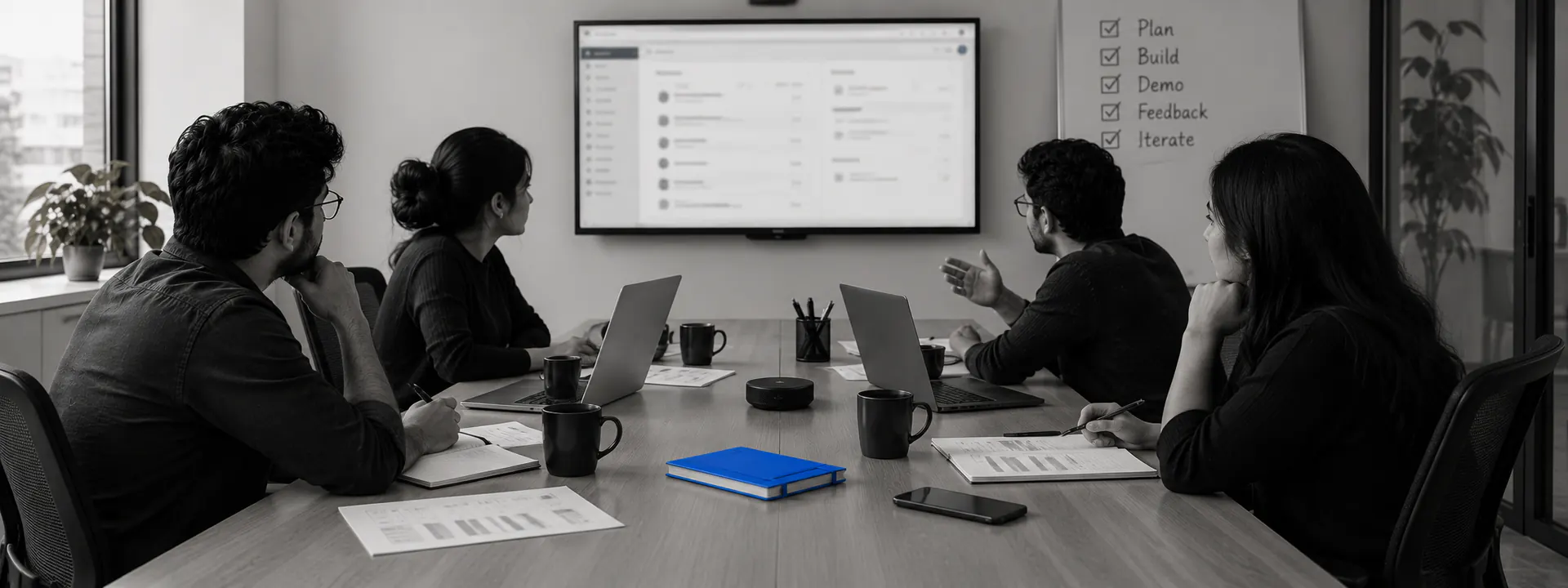 A sprint demo · the client team and the squad around one screen showing working software