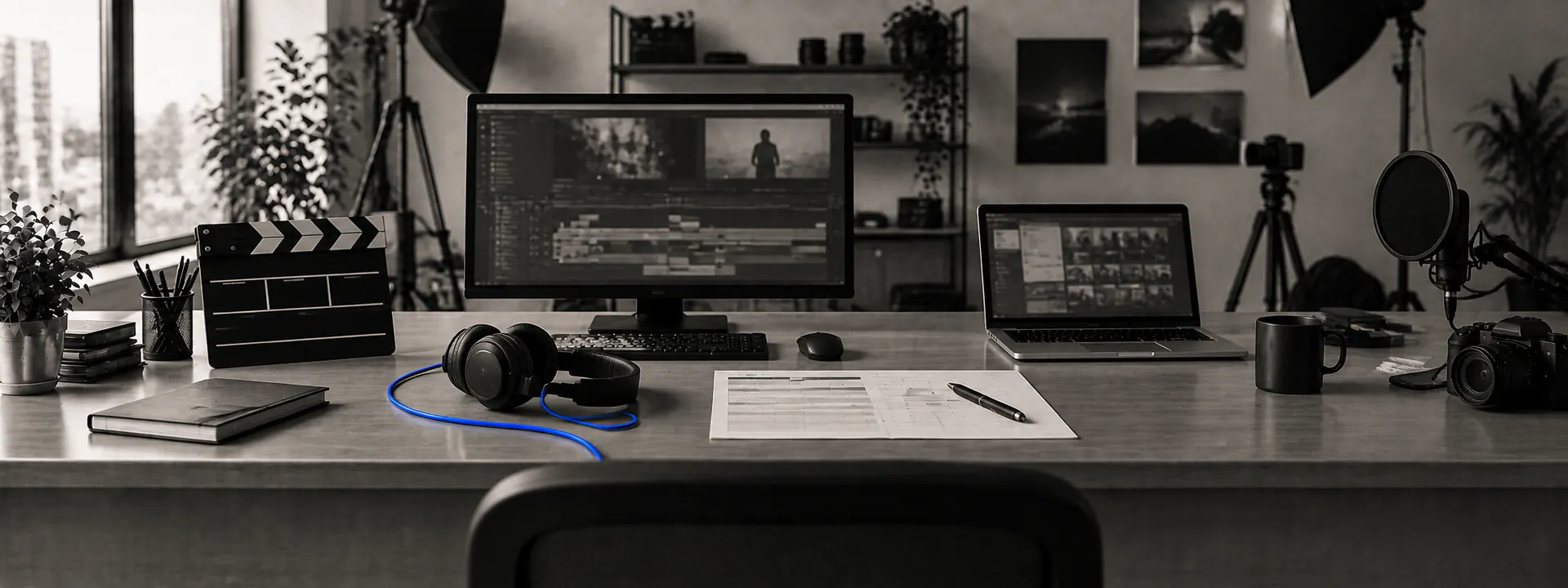 A media studio with a clapperboard, a video timeline on screen, a release schedule and headphones with a blue cable