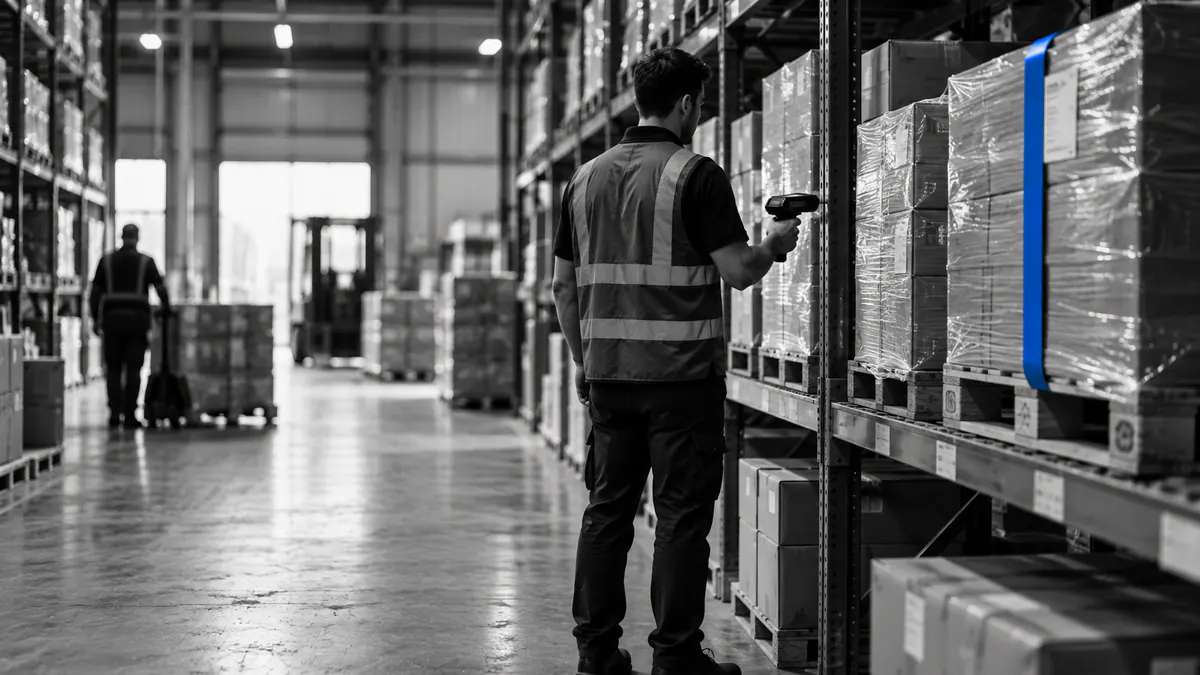 Warehouse aisle with tall shelving and an operator scanning stock for an ERP system