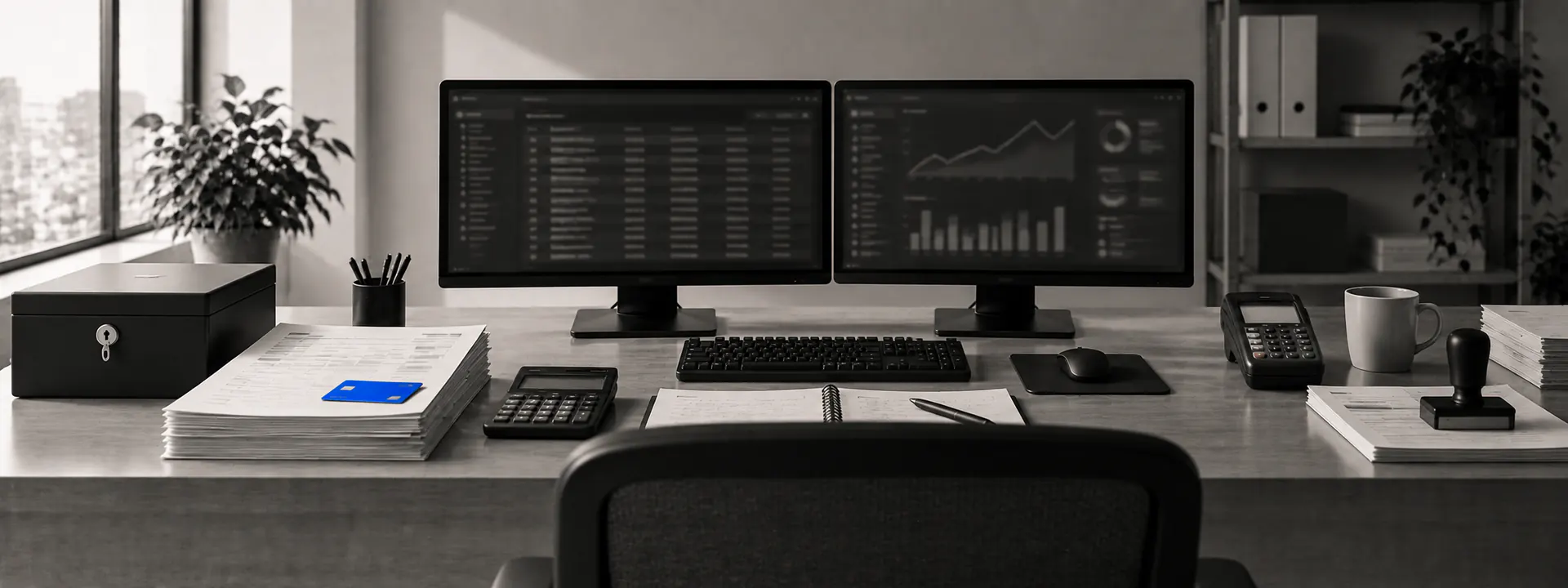 A finance operations desk with transaction ledgers on screen, printed statements and a blue bank card