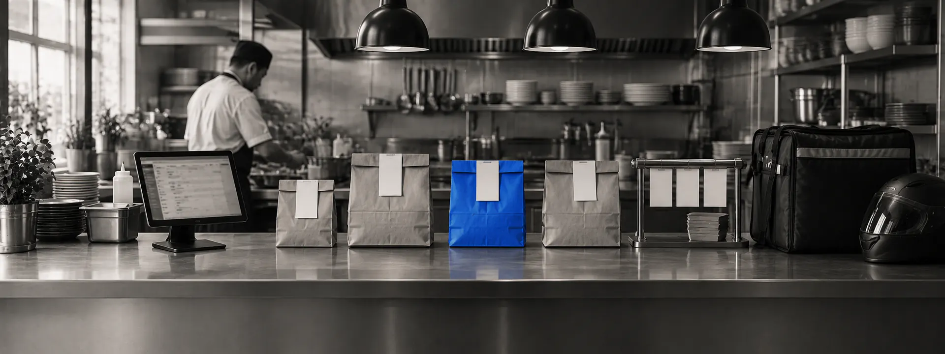 A restaurant pass with sealed delivery bags, a tablet order board, a ticket rail and a blue delivery bag