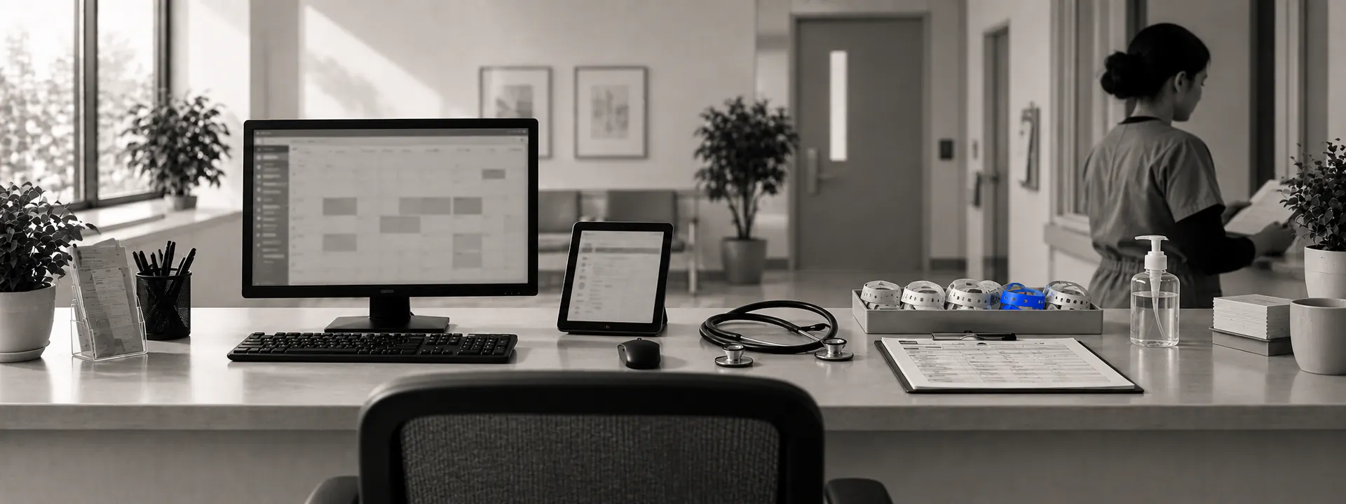 A clinic front desk with an appointment grid, a stethoscope, a printed rota and a blue patient wristband