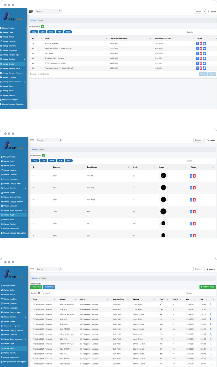 Snappy Stats schedule board showing classes and instructors over the week
