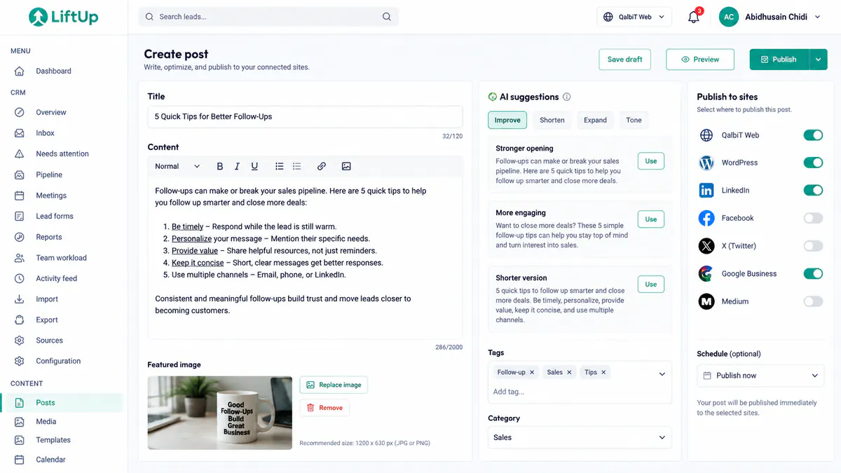 LiftUp editorial · writing a post with AI suggestions and publish targets
