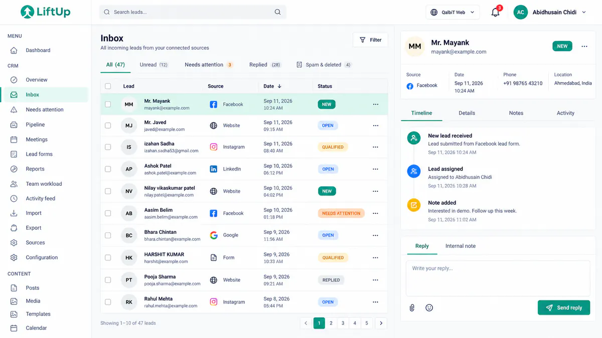 LiftUp CRM · every lead, every site, one inbox
