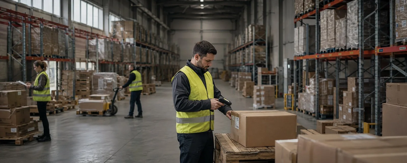 A warehouse floor with racked stock, a forklift and a dispatch bay