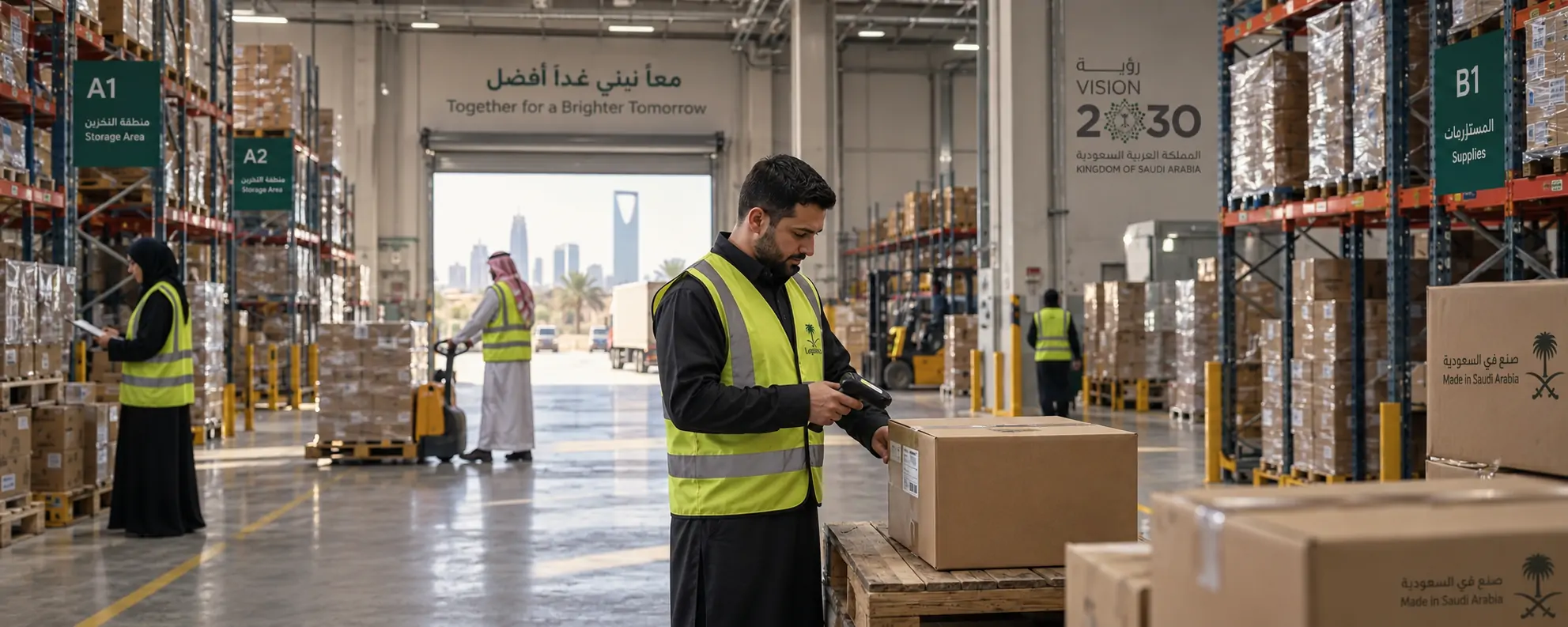 A distribution floor in Riyadh with Arabic rack signage, Vision 2030 graphics and the city skyline beyond