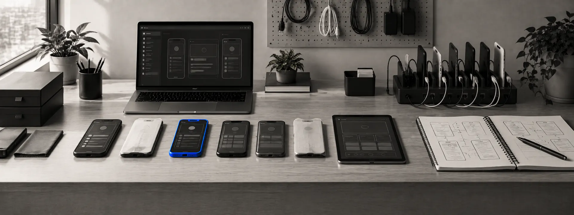 A row of phones and a tablet on a testing bench
