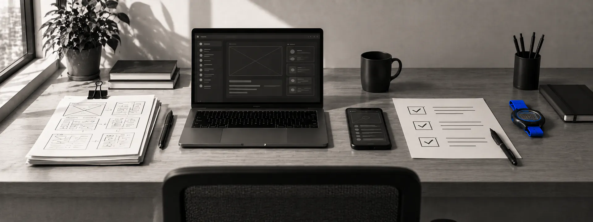 A founder's table: sketches, a one-page plan and a first version on a phone