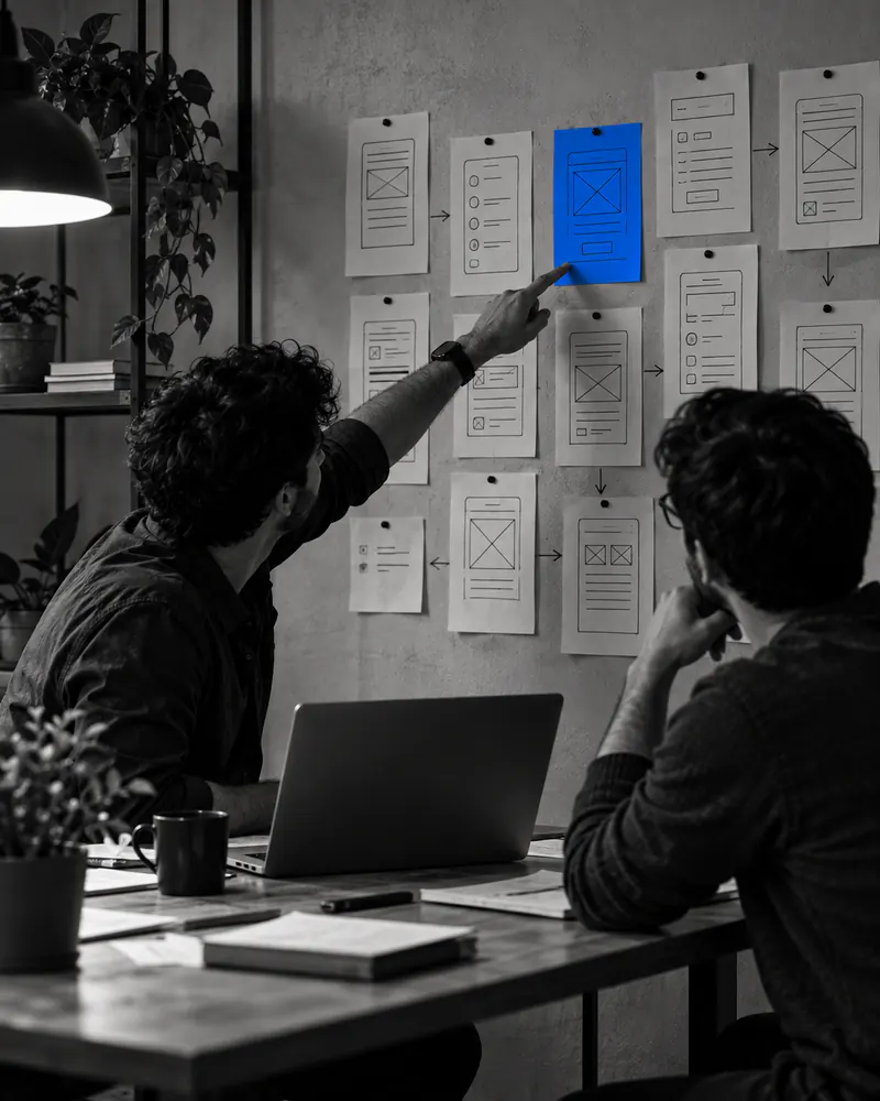 Two founders at a small table with a laptop, paper prototype screens pinned to the wall behind them