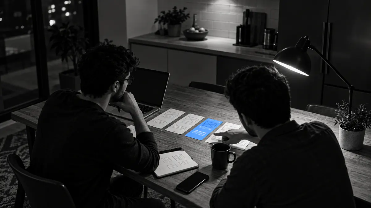 Two startup founders at a kitchen table with a laptop and a row of paper prototype screens