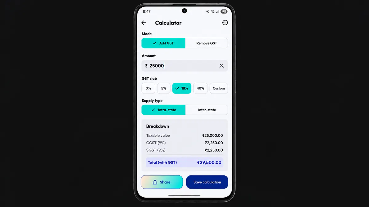 PocketGST calculator · CGST and SGST split as you type