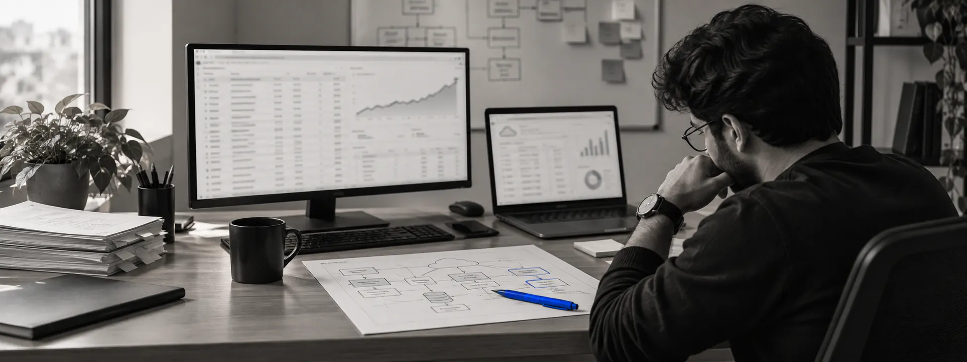 A live product under load: dashboards, a terminal and a printed audit on one desk