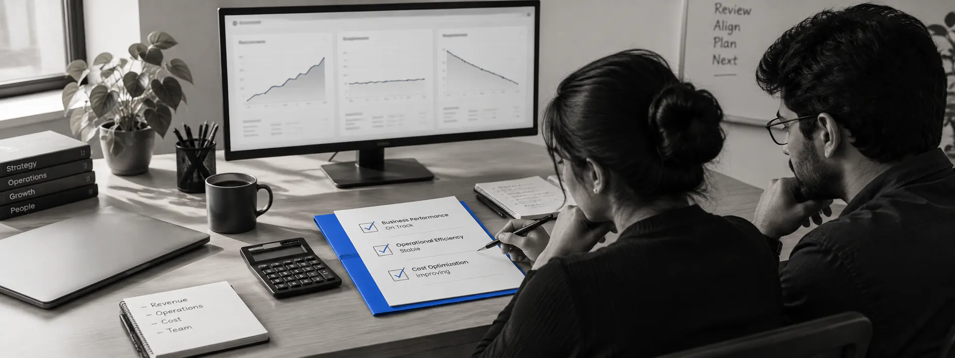 A monthly review: the cloud bill, the uptime chart and the velocity graph side by side