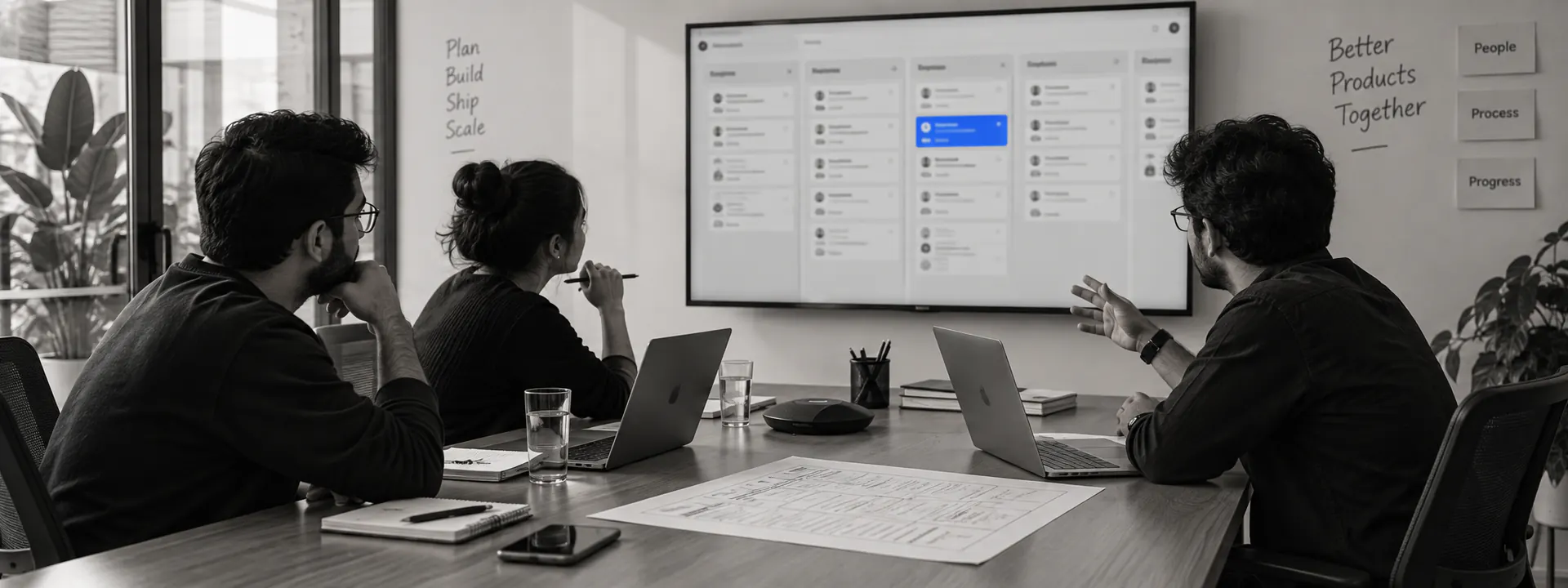 A scaling squad inside the client’s board: cards moving, a demo on the wall screen