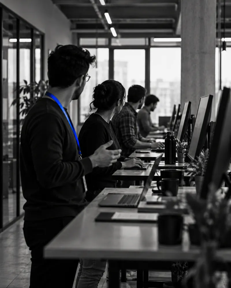 A row of engineers at standing desks in deep perspective, one turning to talk