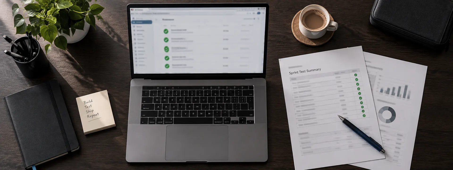 A laptop open to a CI dashboard with every check green, beside a printed sprint test summary and a cup of chai on a dark desk.
