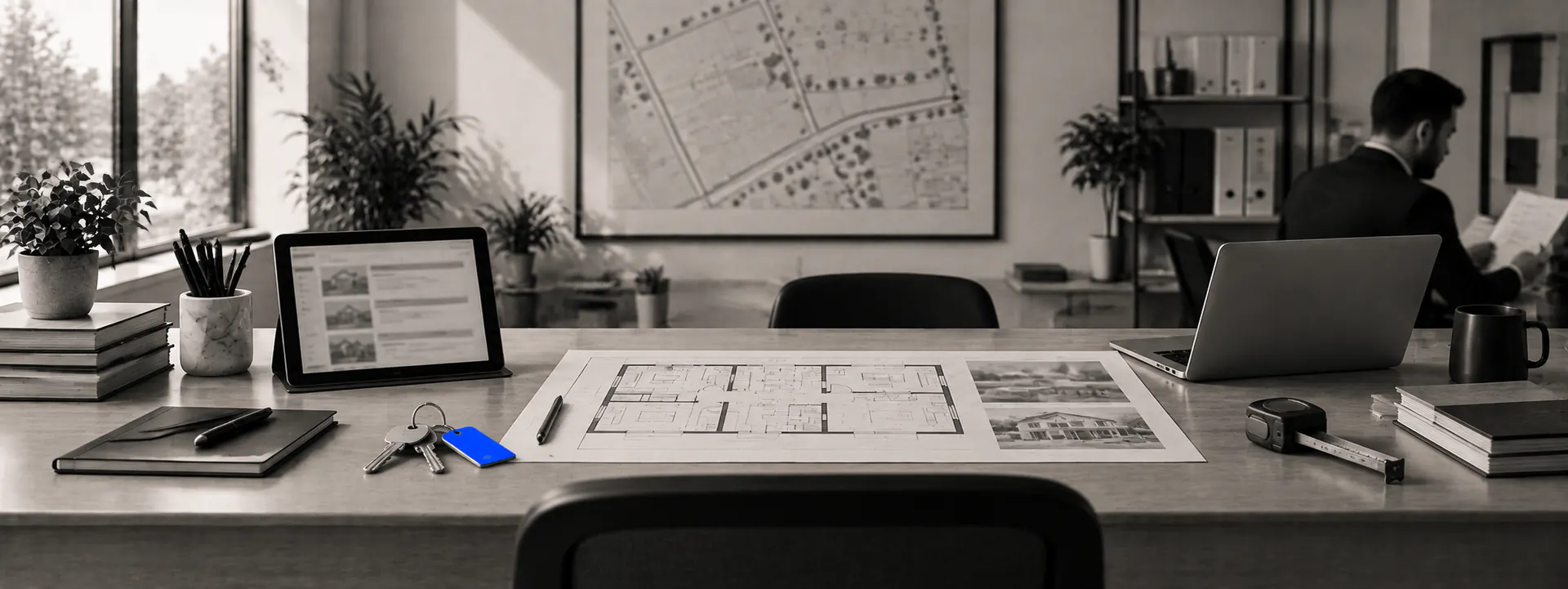 A property office desk with a printed floor plan, house keys, a tablet of listing cards and a blue key tag