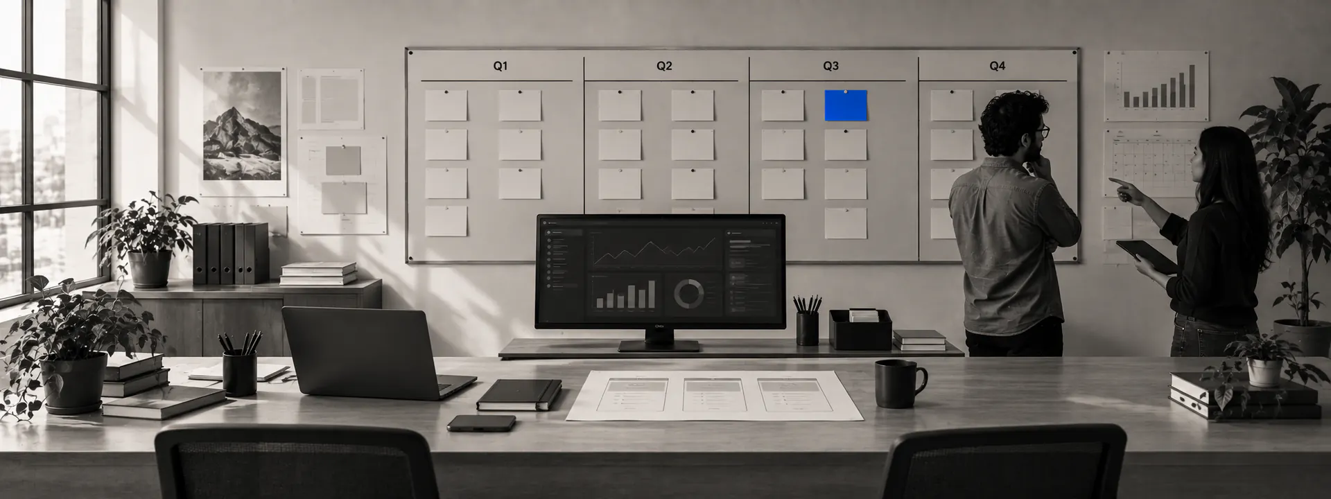 A product roadmap wall, a pricing sheet and a dashboard