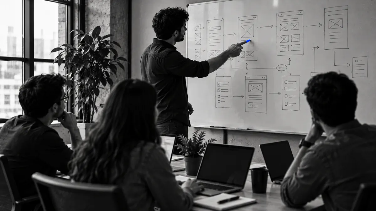 Product team at a whiteboard of SaaS wireframes and flows, one person presenting