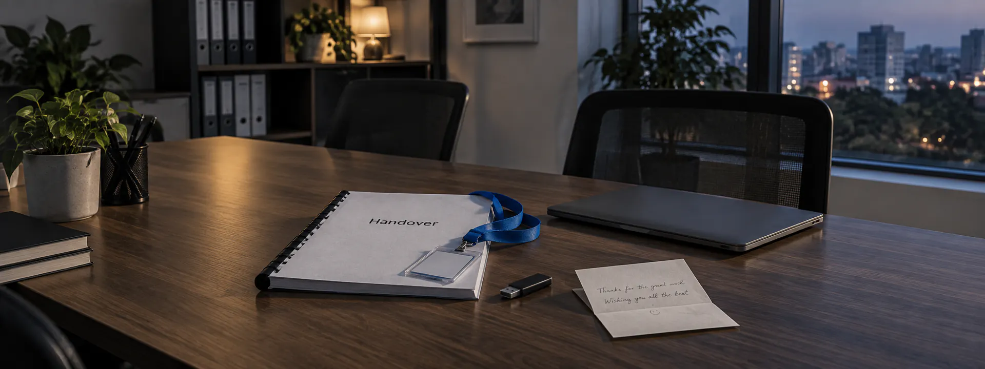 A printed handover pack with an office access card on top, a closed laptop beside it, on an office table in evening light.
