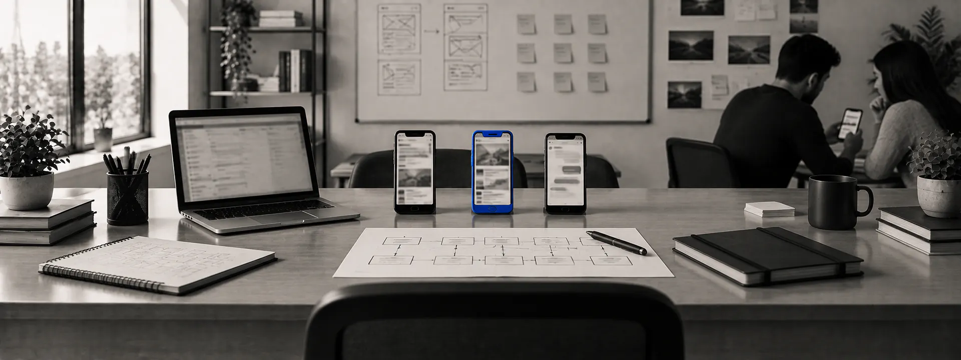 A product desk with three phones showing feed and chat layouts, a printed user-flow sheet and a blue phone case