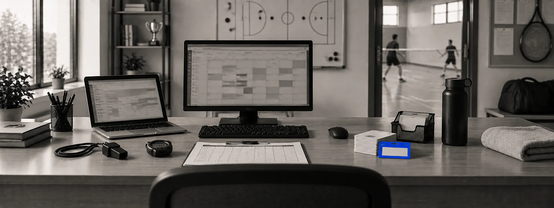 A club office with a fixtures grid on screen, a whistle, a stopwatch and a blue membership card