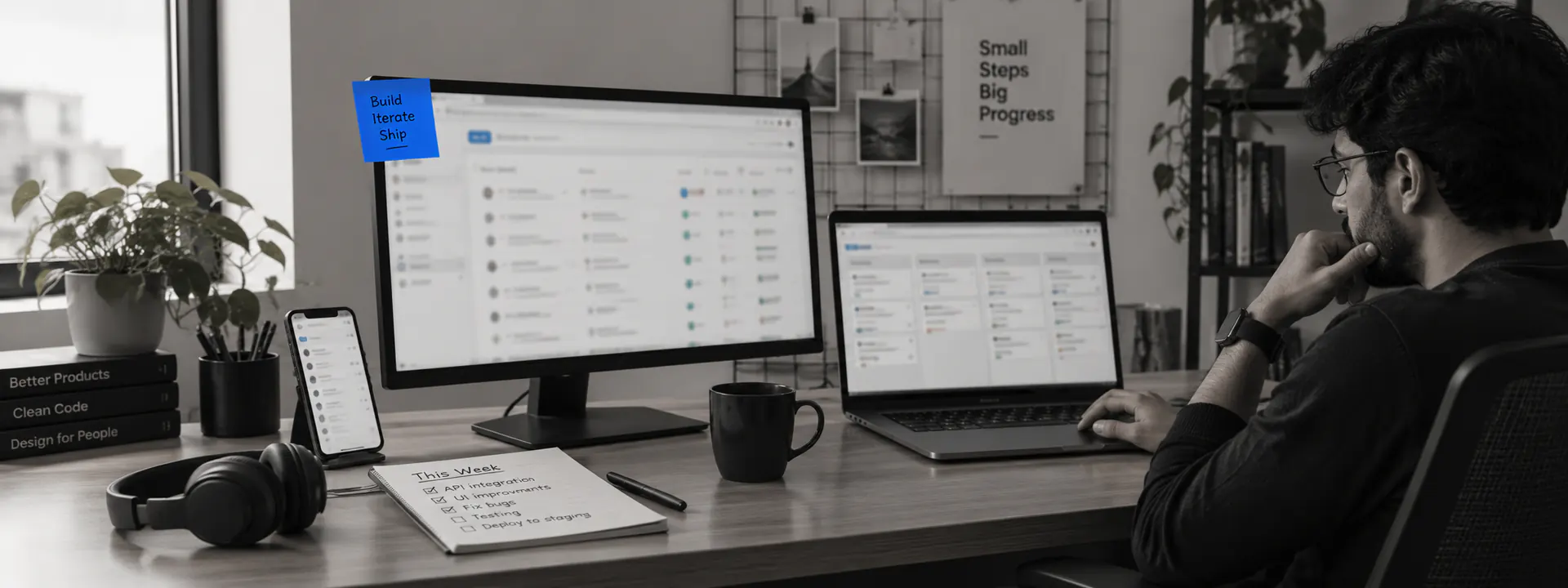 A build in progress: the working app, the board of cards and a ticked weekly note