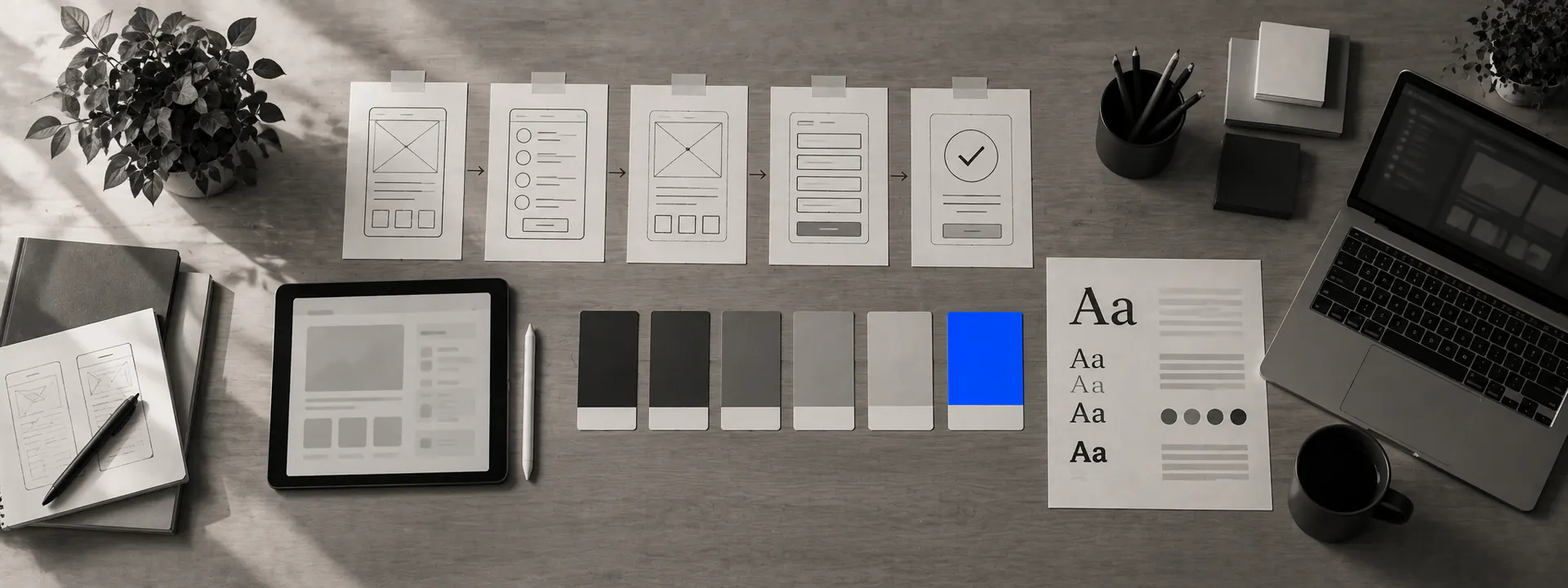 A design table with wireframe sketches, a tablet layout and a type specimen