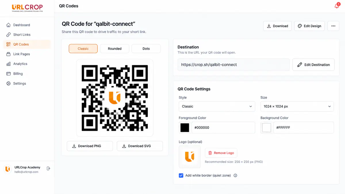 URLCrop dynamic QR · a code whose destination can be edited