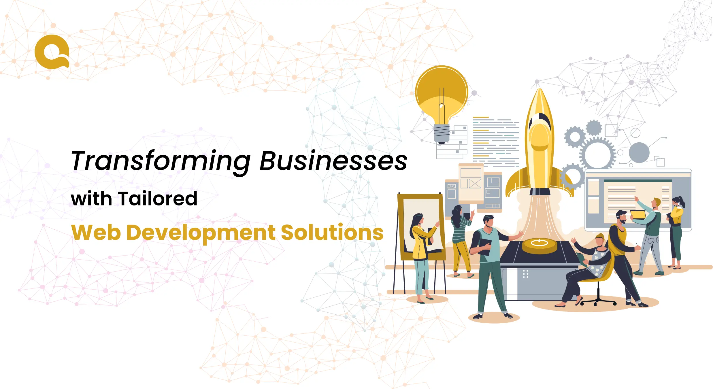 Illustration of professionals collaborating on tailored web development solutions to boost business growth with a rocket launch symbolizing progress.