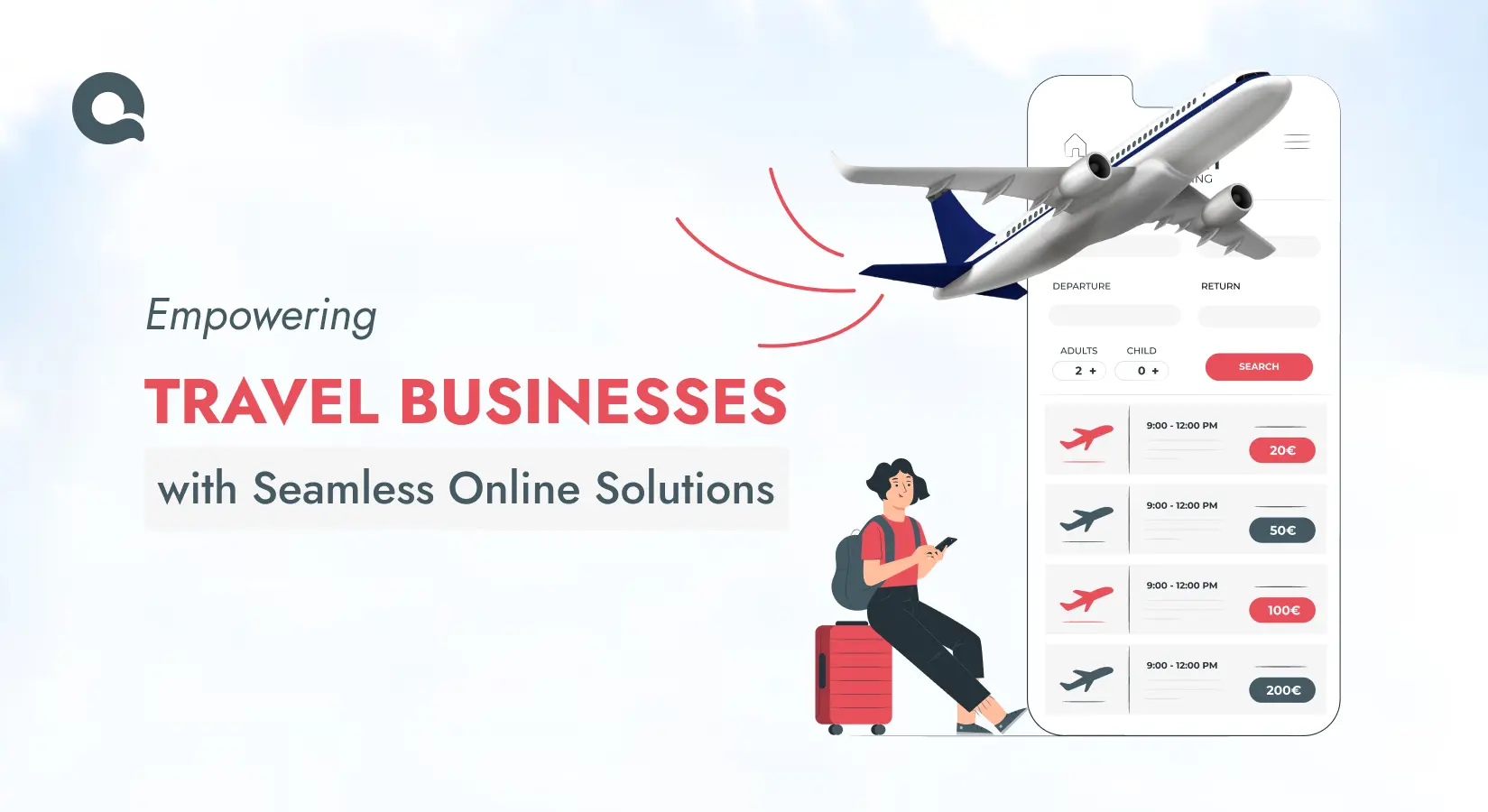 Empowering travel businesses with seamless online solutions: A customer using a mobile app to book flights, with an airplane flying in the background.
