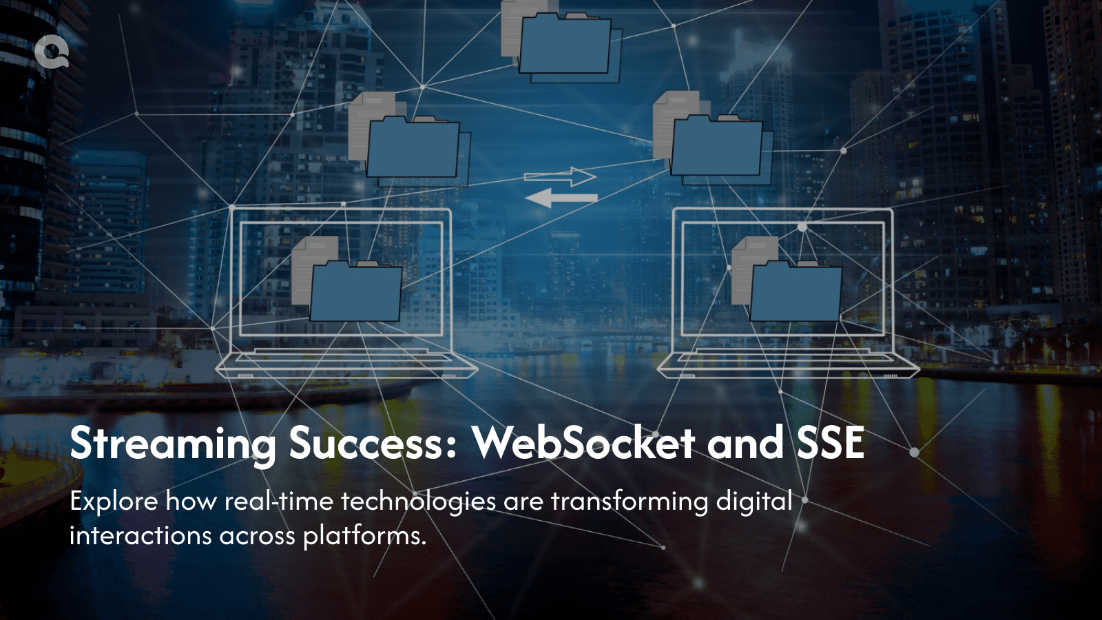 Network diagram showing real-time data flow between a central server and multiple devices using WebSocket and Server-Sent Events technologies over a cityscape background.