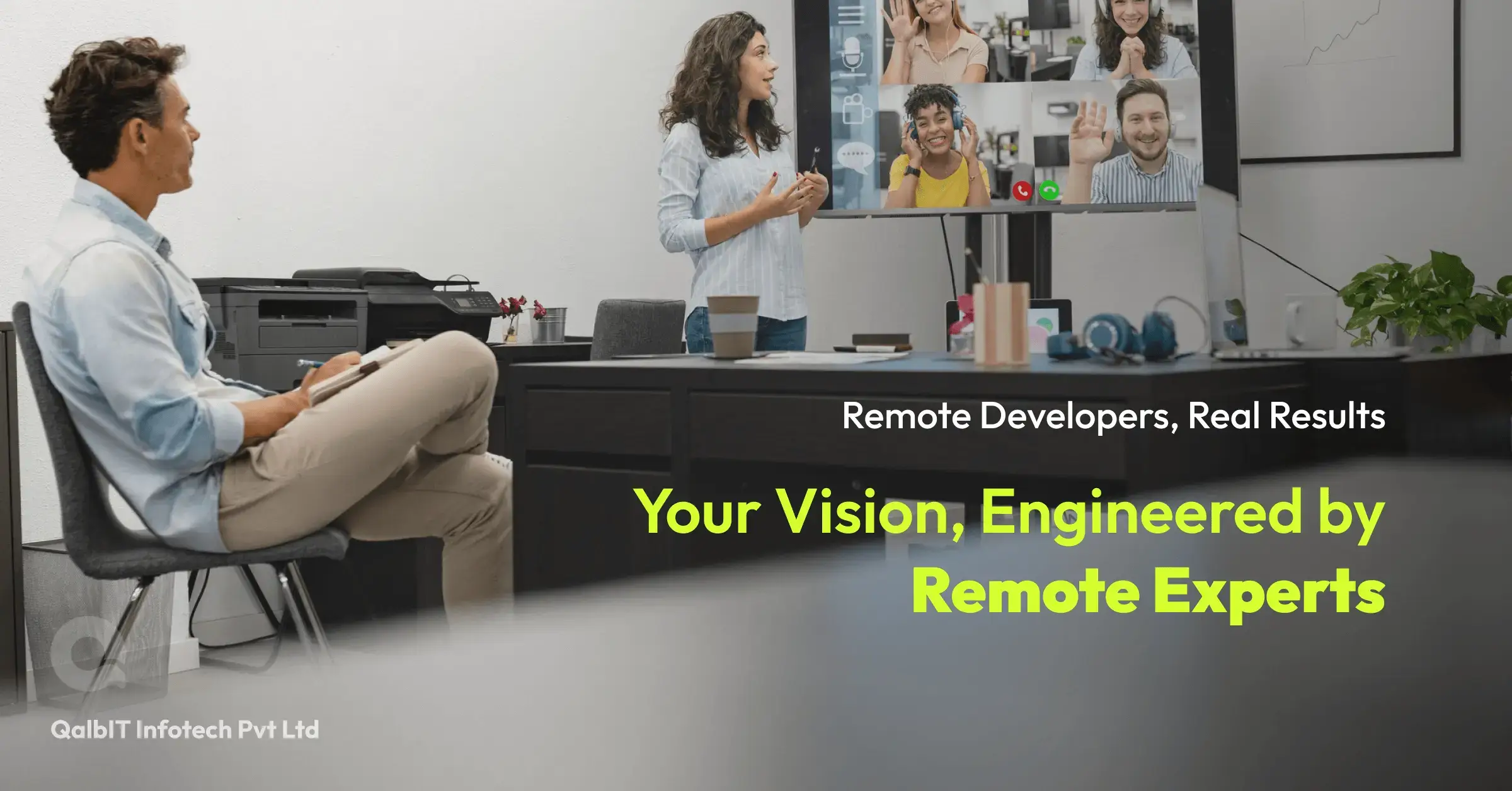 Team of remote software developers on a virtual meeting discussing project collaboration.