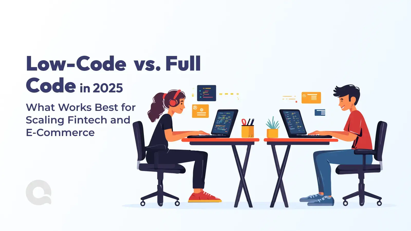 Colorful illustration of two developers working on laptops, representing low-code and full-code development strategies for fintech and e-commerce growth in Dubai in 2025.