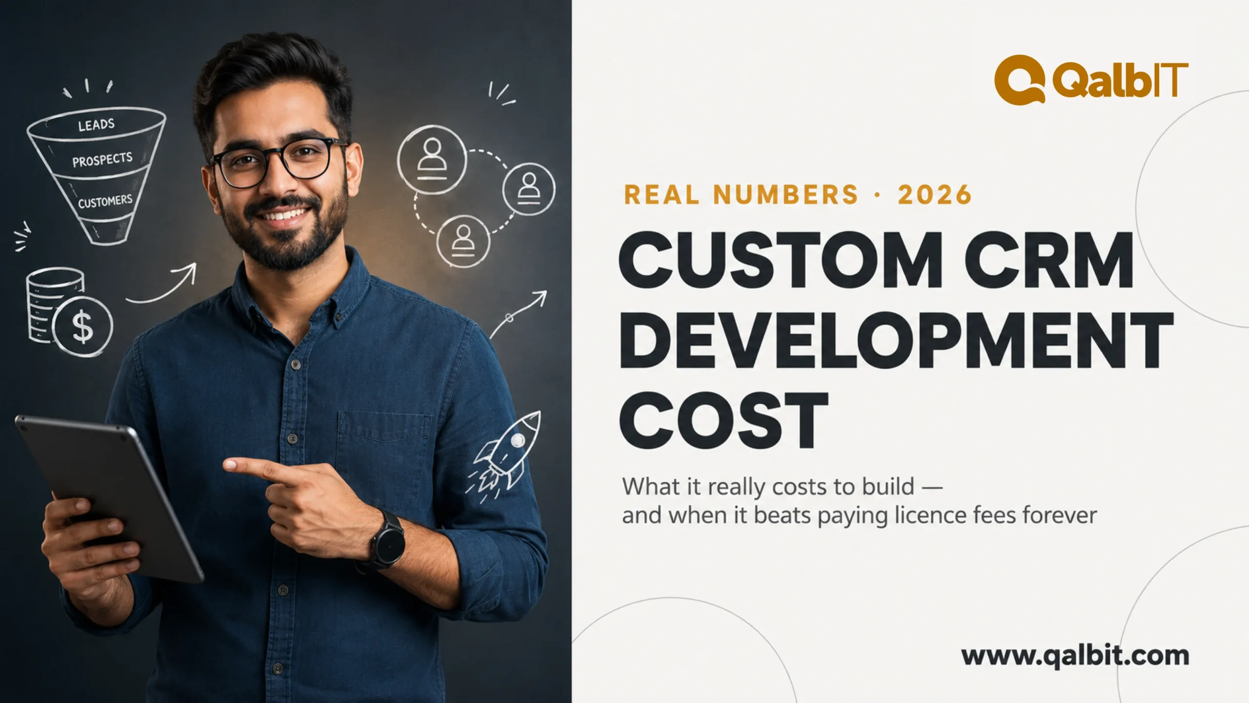Custom CRM development cost in 2026 guide banner by QalbIT, showing a sales funnel of leads, prospects and customers