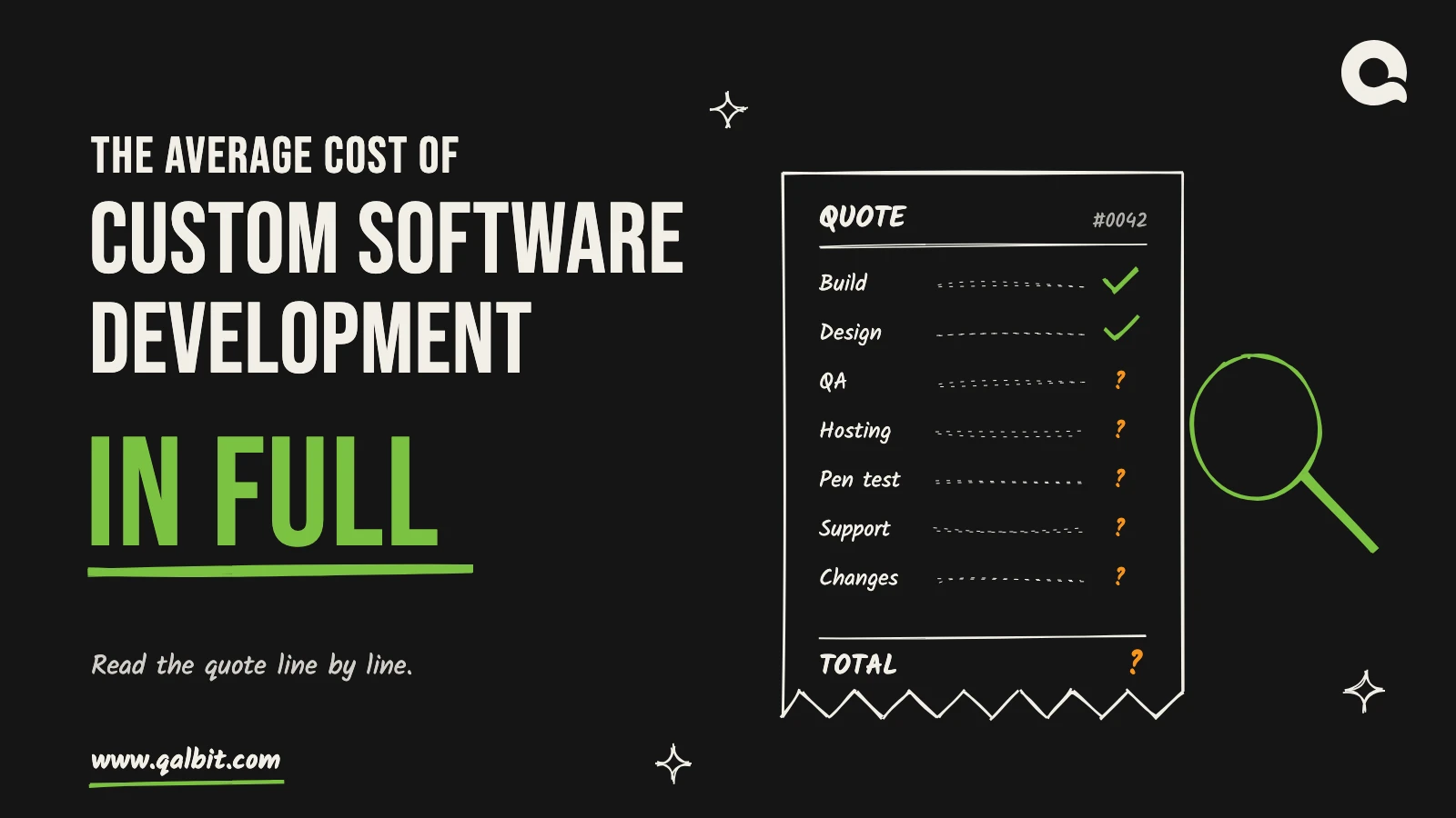 Average cost of custom software development: a hand-drawn quote with some line items ticked and others marked with a question mark