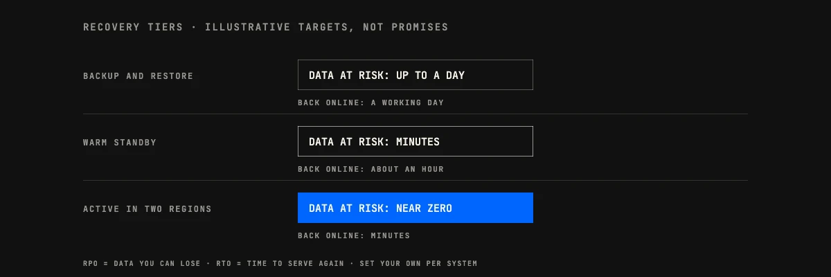 Custom software in Florida and hurricane season: backup and restore risks up to a day of data, warm standby minutes, two active regions near zero