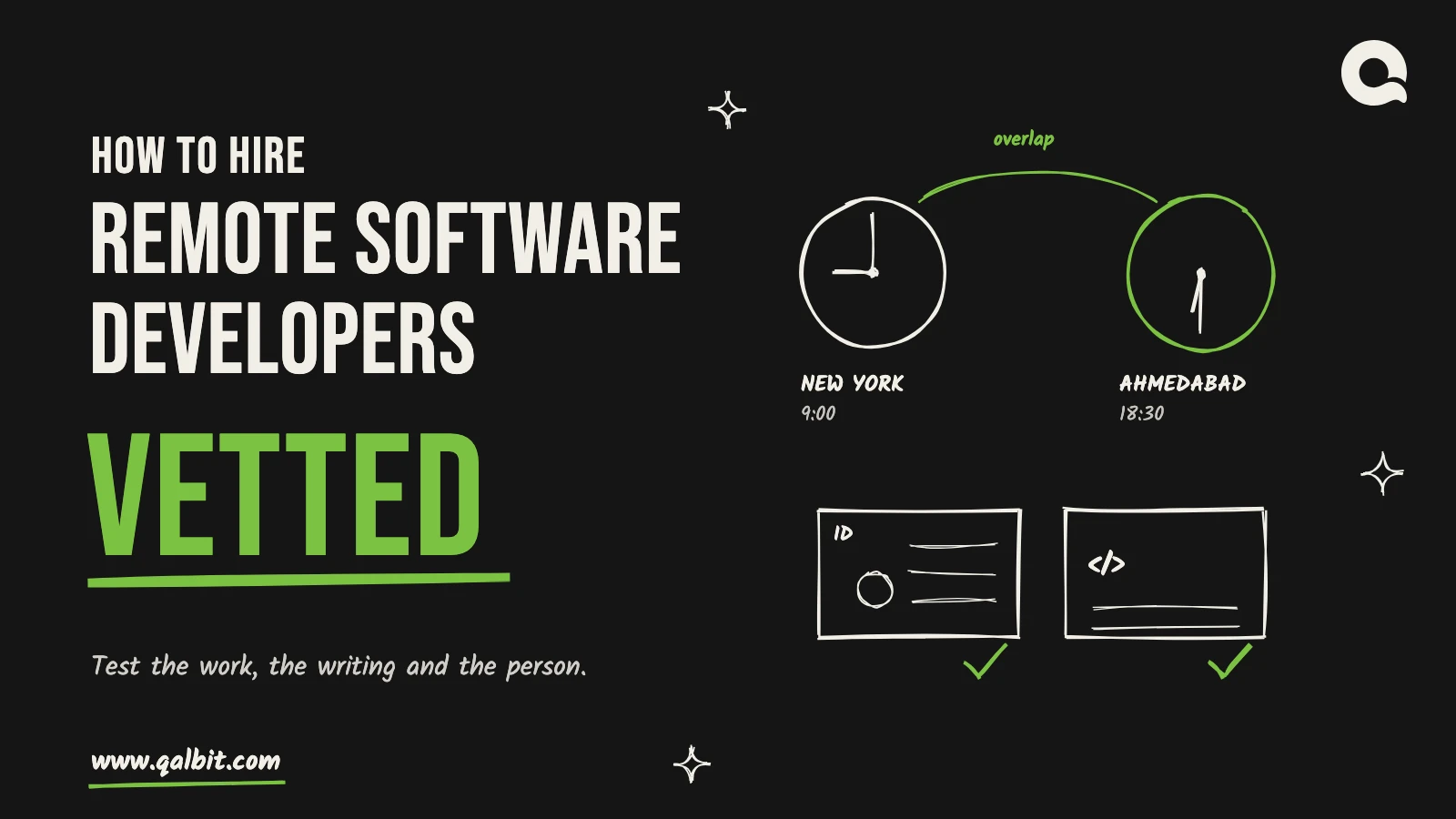 How to hire remote software developers: hand-drawn clocks for New York and Ahmedabad, with checked ID and code cards