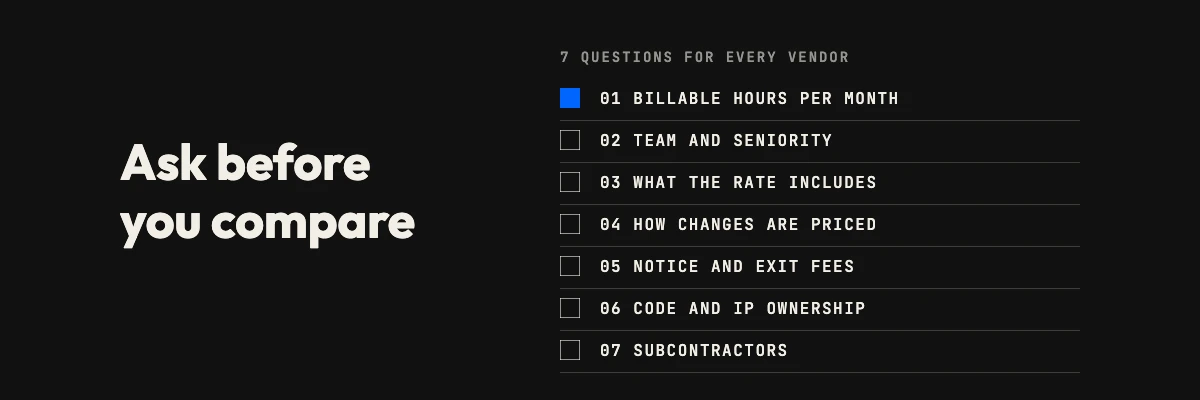 A checklist of seven questions to ask a vendor before comparing software development rates