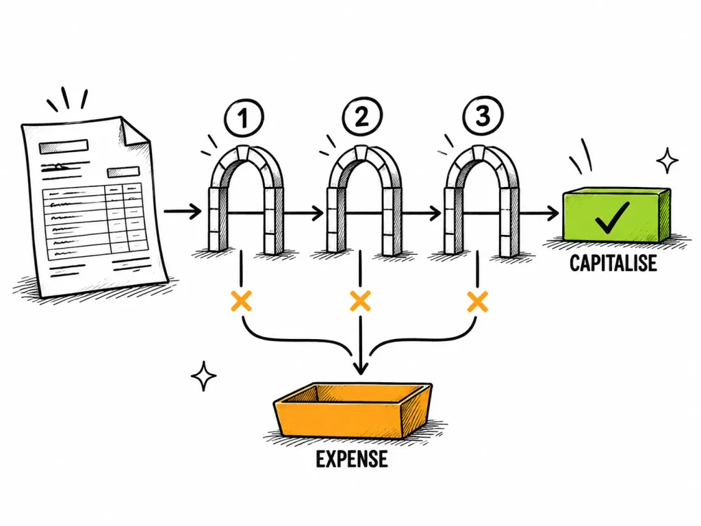 Three-gate decision flow showing when a development cost is capitalised versus expensed on the income statement