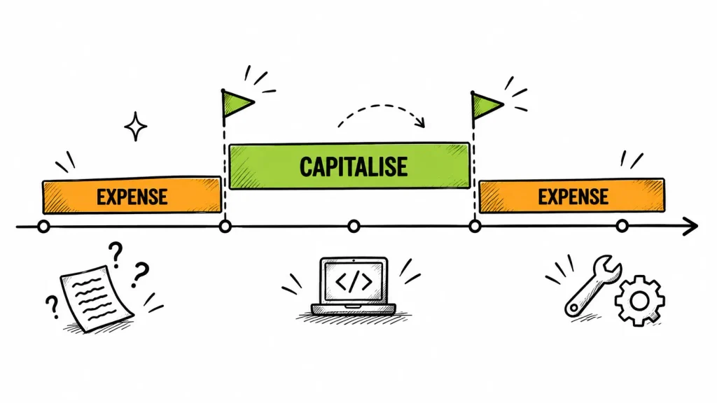 Project timeline showing the capitalisation window opening after funding is committed and closing at launch