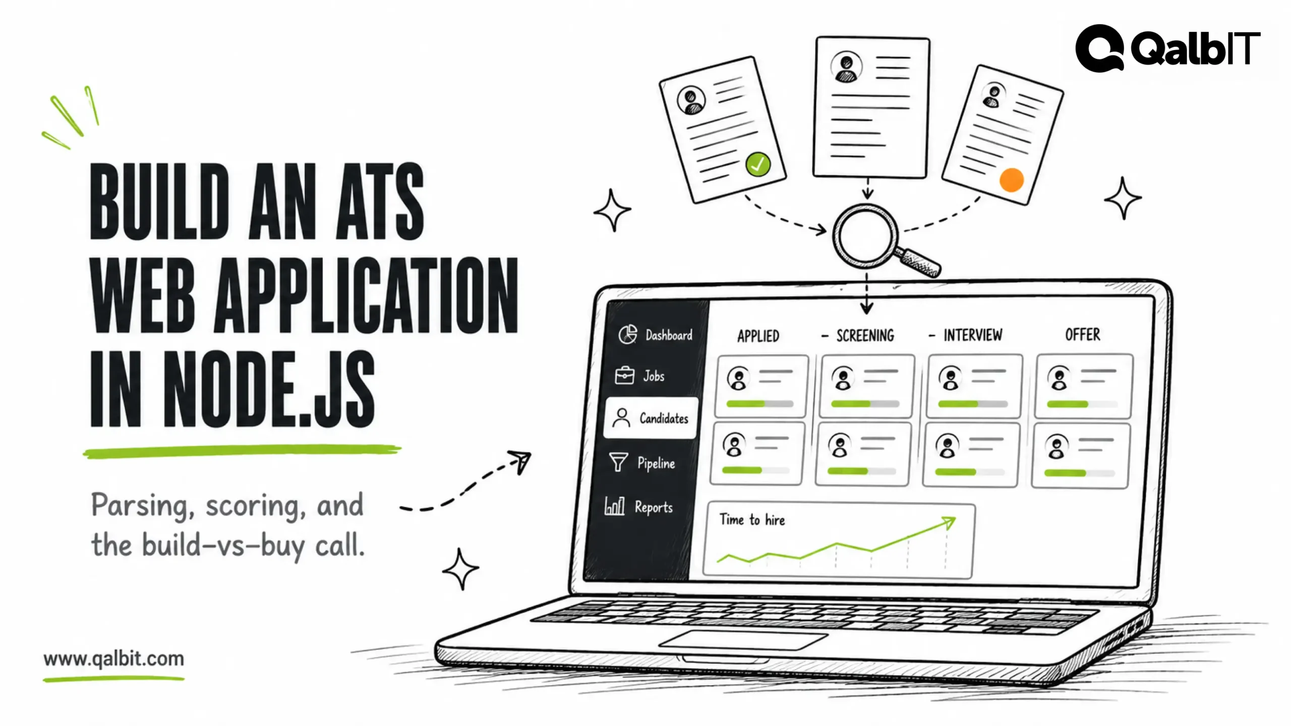 Illustration of a Node.js ATS web application with resumes feeding into a candidate pipeline dashboard