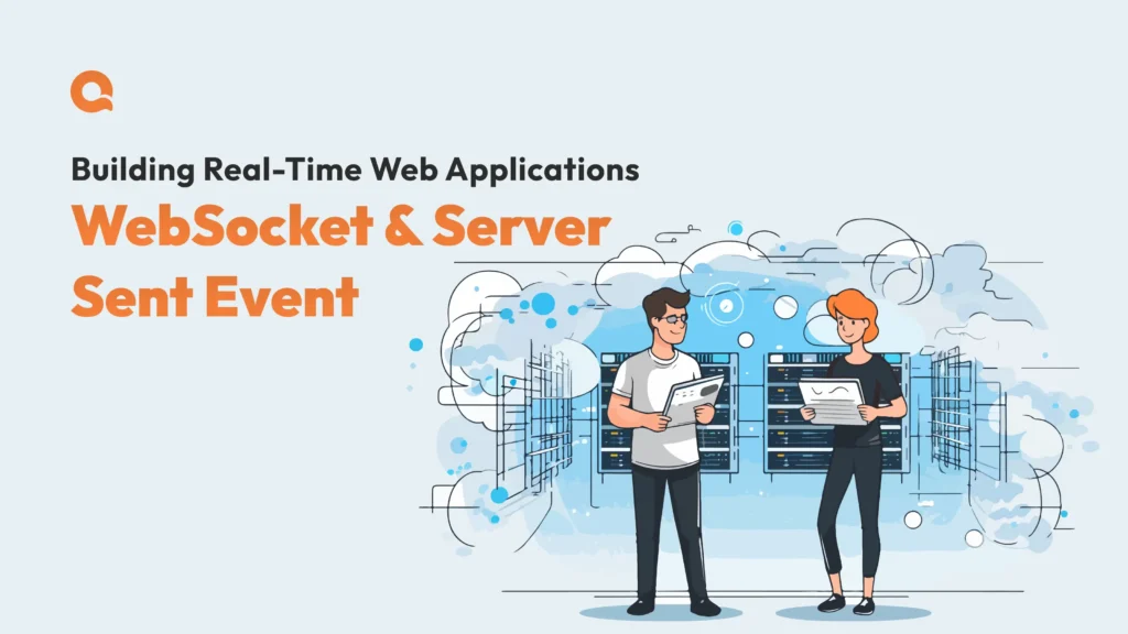 Illustration for a blog post on building real-time web applications using WebSocket and Server-Sent Events, featuring two individuals analyzing server data.