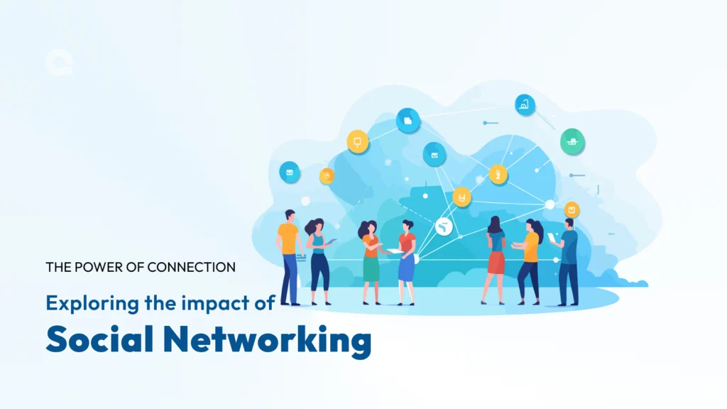 Illustration of diverse people connecting over a digital map, symbolizing the global impact of social networking.