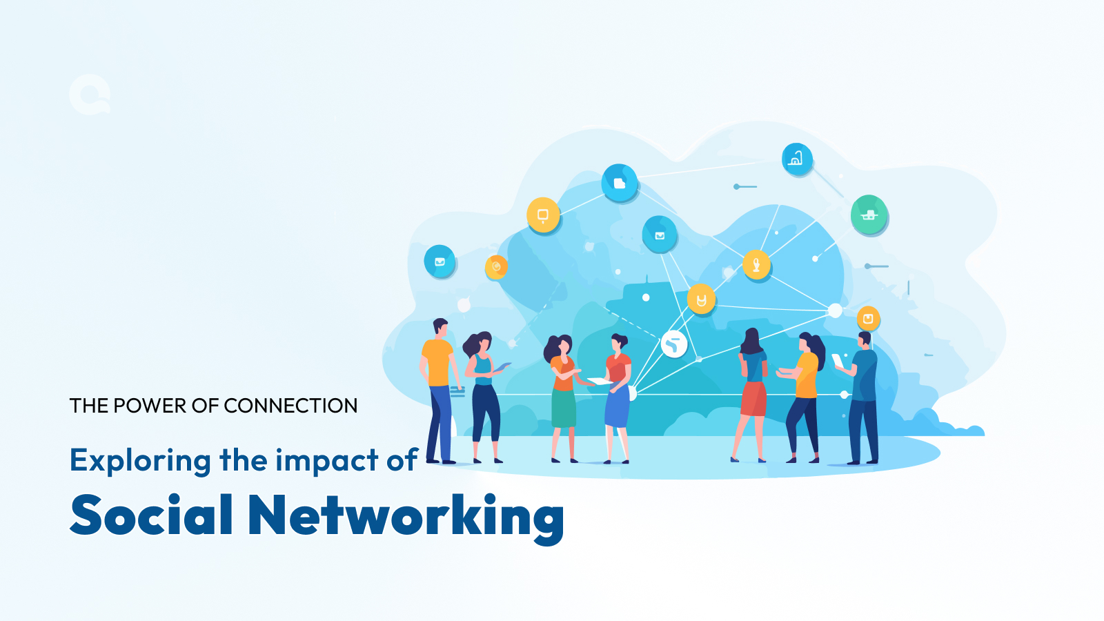 Illustration of diverse people connecting over a digital map, symbolizing the global impact of social networking.