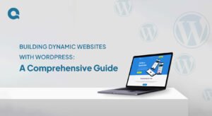 Building Dynamic Websites with WordPress: A Comprehensive Guide - Laptop displaying a mobile reminder app on a white background, with WordPress logos in the background.