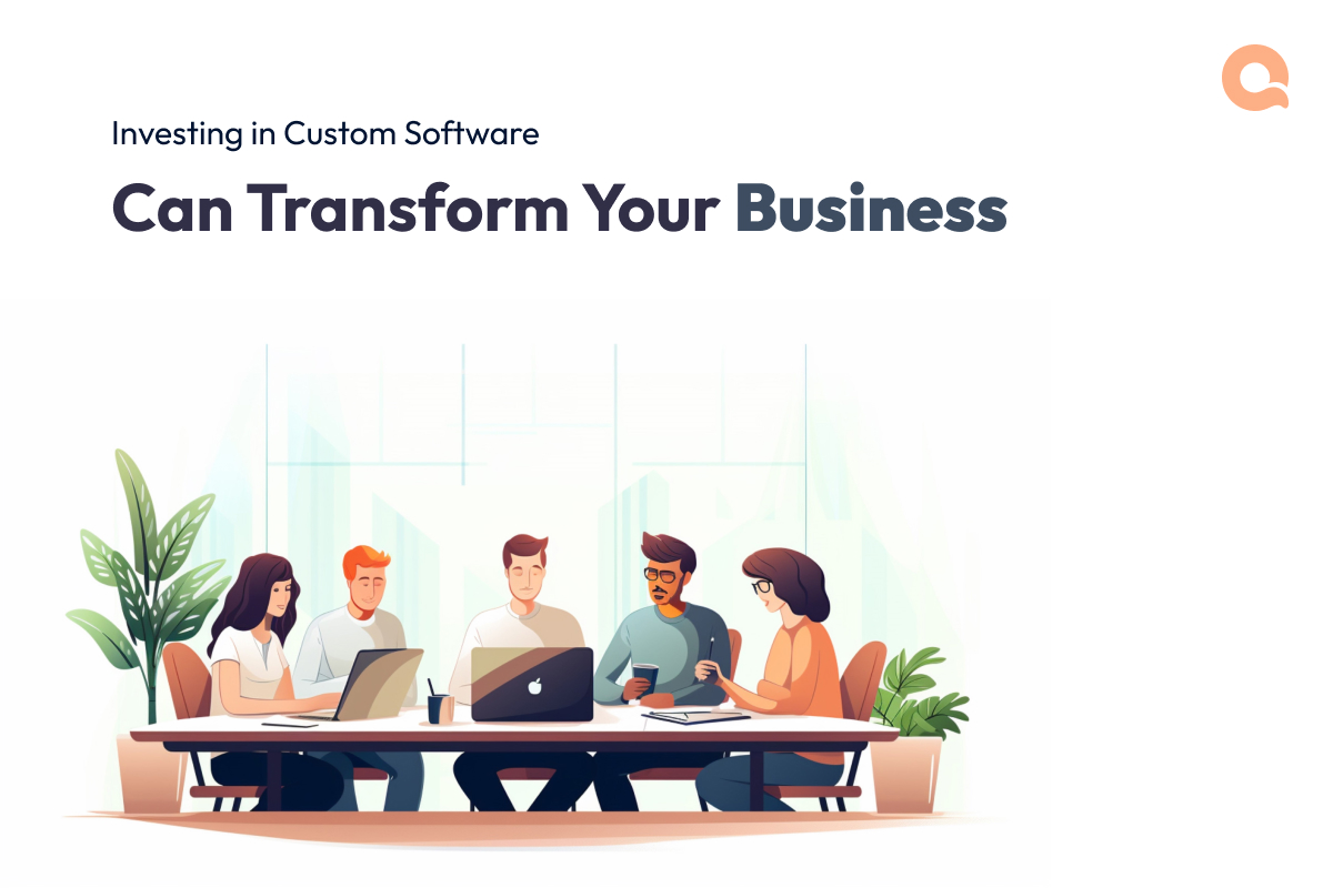 Illustration of a diverse team collaborating around a table with laptops, symbolizing the impact of custom software on business transformation.