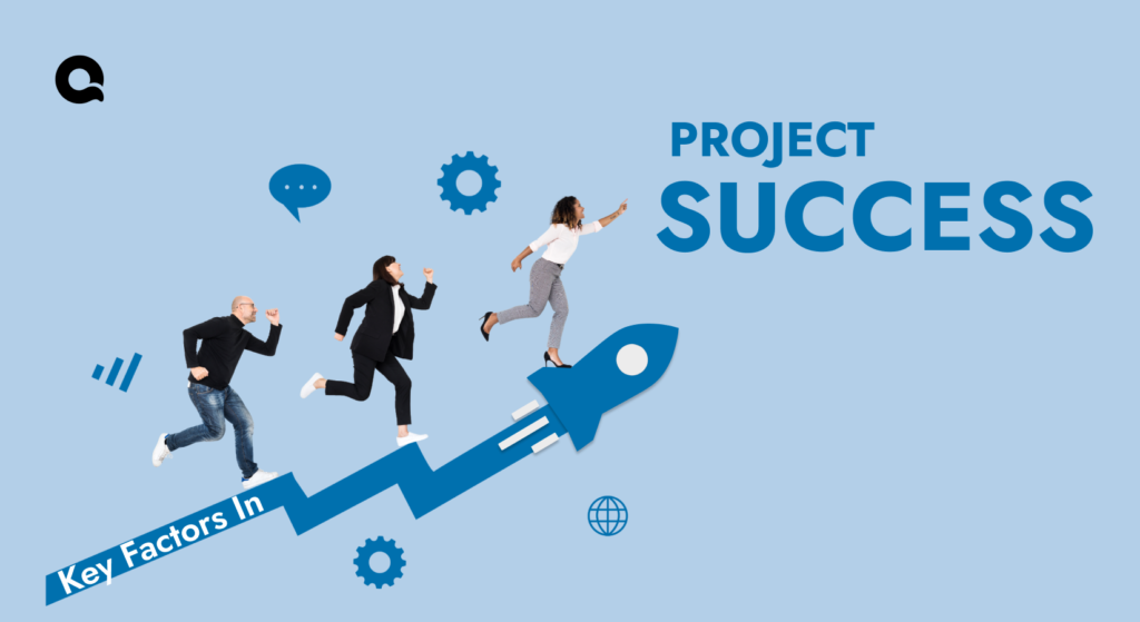 Team of professionals running towards project success on a rocket-shaped growth graph.