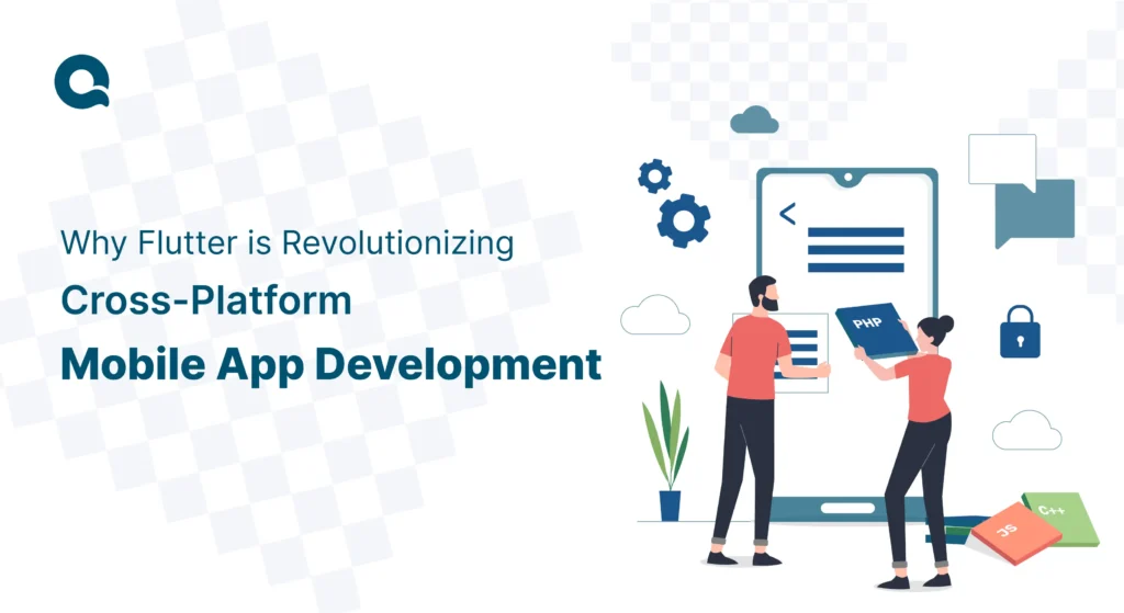 Illustration of two developers working on a mobile app using Flutter, surrounded by design elements representing cross-platform development.